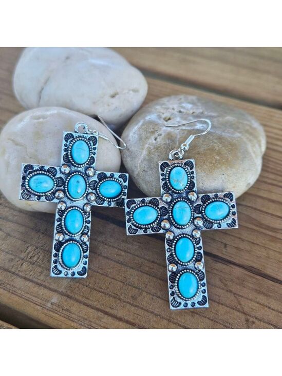 Boutique Jewelry - Western Boho Turquoise Cross Earrings